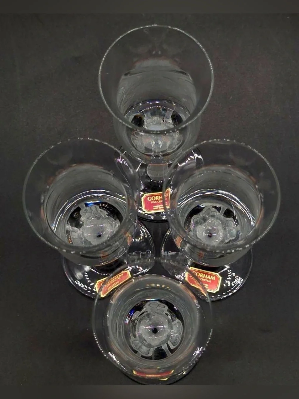 Set Of 4 Elegant Gorham Crystal Champagne Flutes Featuring Frosted Floral Design
